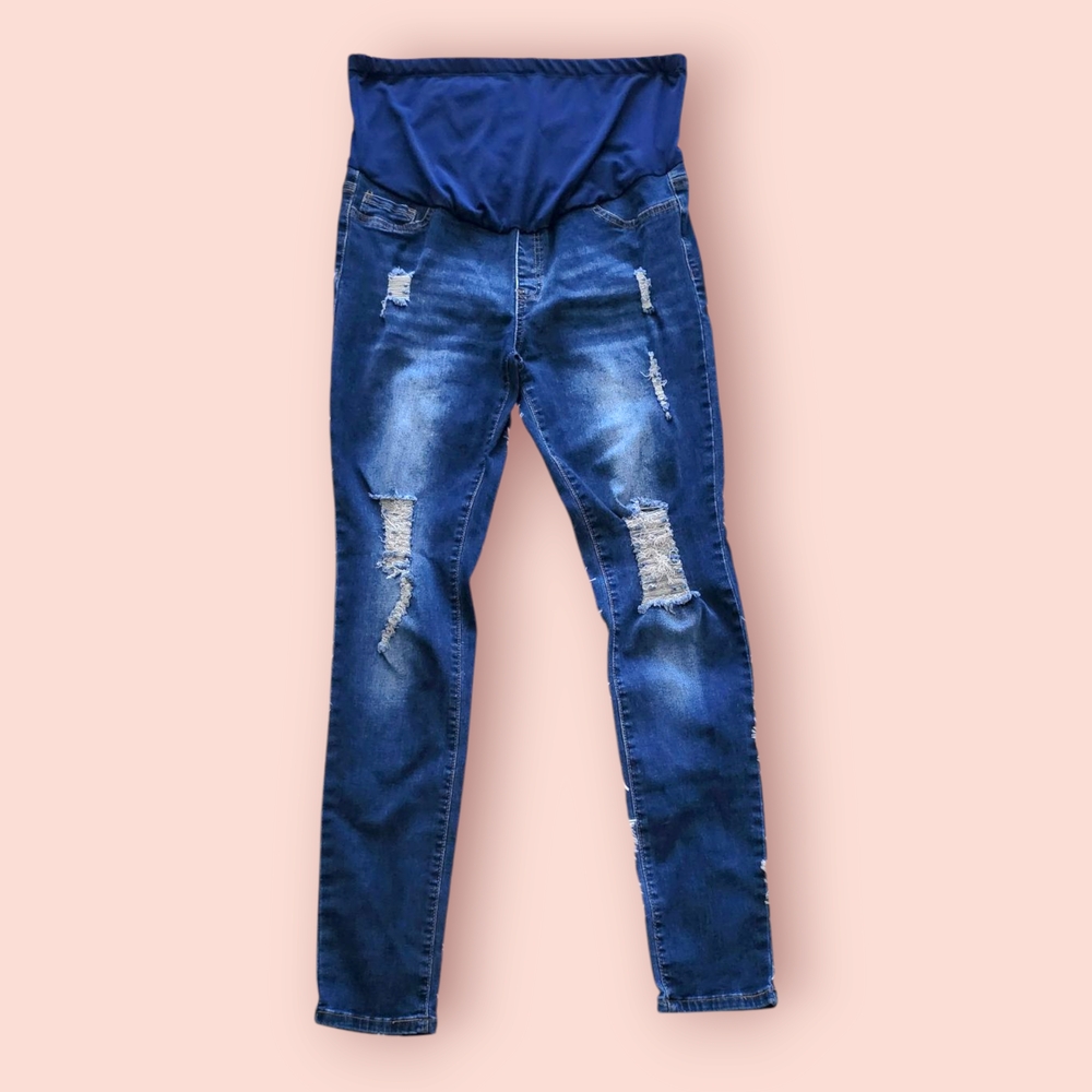 Stylish Blue Denim Ripped Distressed Maternity Jeans (Size L)